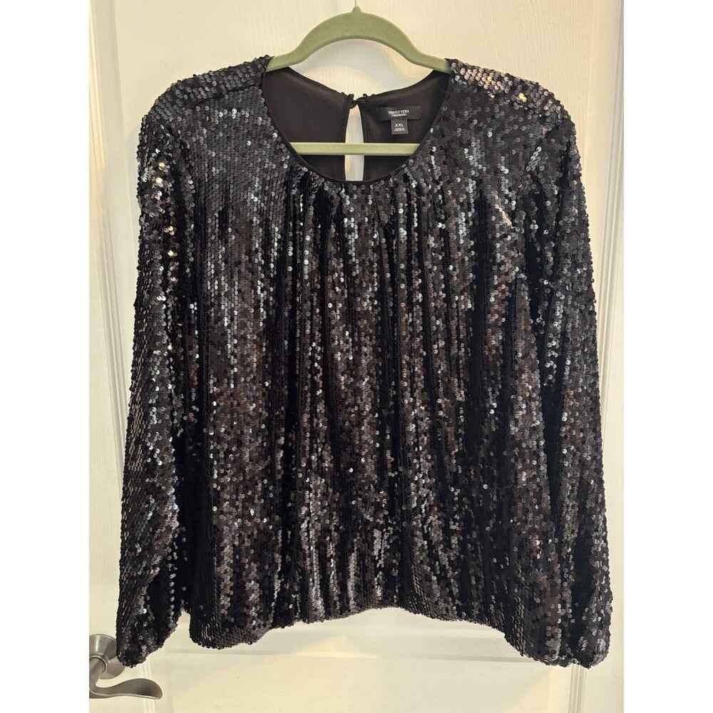 Simply Vera Vera Wang L Black Sequin Bubble Hem Ballon Sleeve Top EUC Size XXL
